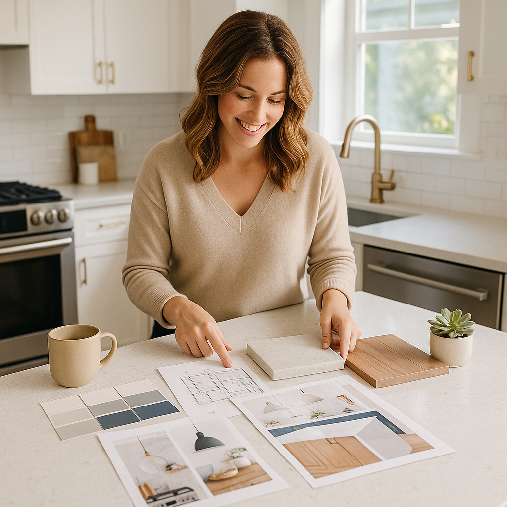San Diego kitchen designer reviewing samples and sketches with client at a bright, modern island